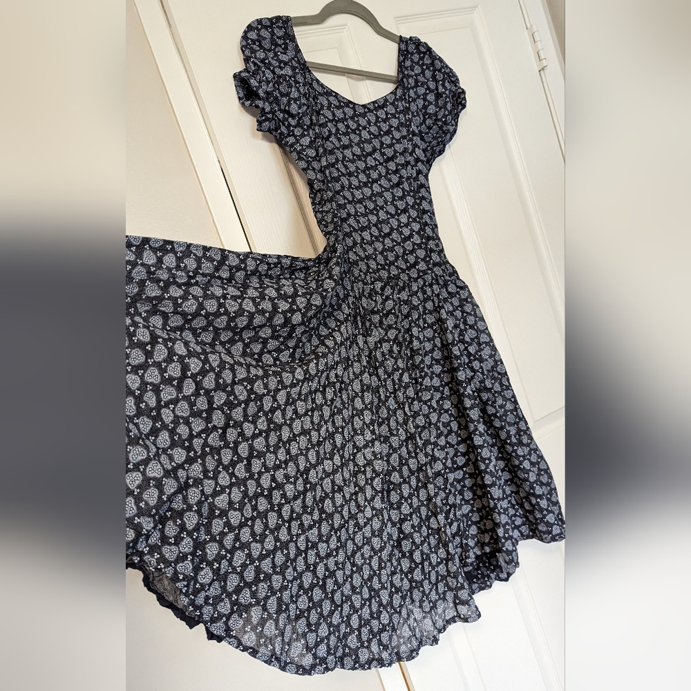 Misaky navy and white floral dress, full skirt, button up